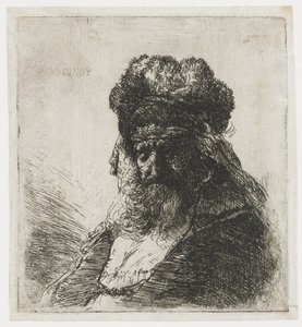 Gözleri kapalı, yüksek kürk şapkalı sakallı yaşlı adam by Rembrandt van Rijn