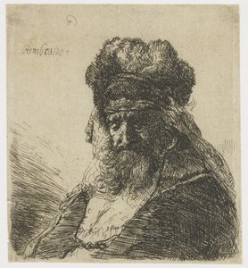 Gözleri kapalı, yüksek kürk şapkalı sakallı yaşlı adam by Rembrandt van Rijn
