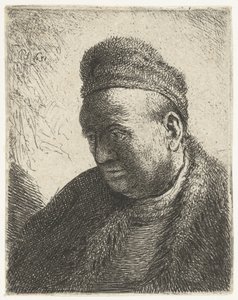 Kürk pelerinli ve şapkalı sakalsız adam: büstü by Rembrandt van Rijn