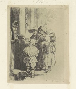 Dilenen aile bir evin kapısında sadaka alır Recueil de quatre-vingt-cinq orijinalleri estampes (seri başlığı) by Rembrandt van Rijn