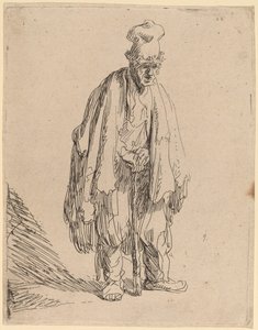 Yüksek Şapkalı Dilenci, Ayakta ve Bir Çubuğa Yaslanmış by Rembrandt van Rijn