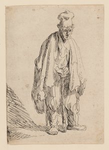 Yüksek Şapkalı Dilenci, Ayakta ve Bir Çubuğa Yaslanmış by Rembrandt van Rijn