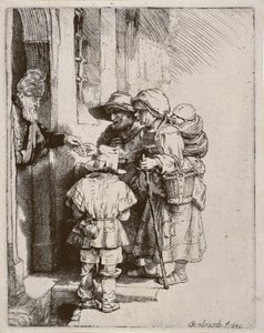 Bir evin kapısında sadaka alan dilenciler, 1648 (kuru nokta gravürü)