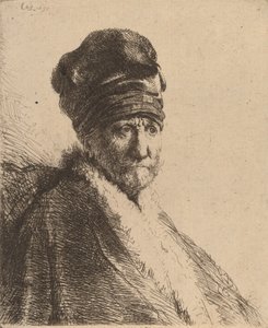 Yüksek Şapkalı Bir Adamın Büstü, Dörtte Üçü Sağ Sanatçının Babası, 1630. by Rembrandt van Rijn