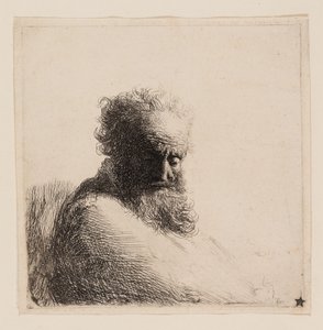 Yaşlı Sakallı Bir Adamın Büstü, Aşağıya Bakıyor, Dörtte Üçü Sağ by Rembrandt van Rijn