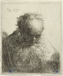Akan Sakallı Yaşlı Adam Büstü: Başı Öne Eğilmiş: Sol Omuz Gölgesiz by Rembrandt van Rijn