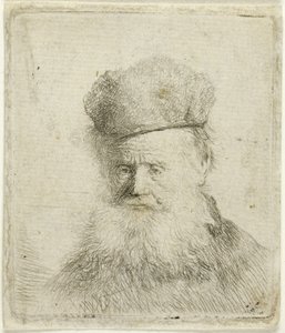 Kürklü Şapkalı, Akan Sakallı, Neredeyse Tam Yüzlü Yaşlı Bir Adamın Büstü by Rembrandt van Rijn