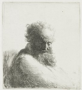 Yaşlı sakallı bir adamın büstü, aşağı bakıyor, dörtte üçü sağa by Rembrandt van Rijn