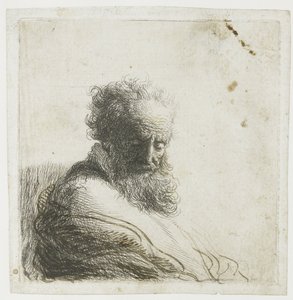 Yaşlı sakallı bir adamın büstü, aşağı bakıyor, dörtte üçü sağa by Rembrandt van Rijn