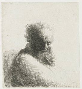 Yaşlı sakallı bir adamın büstü, aşağı bakıyor, dörtte üçü sağa by Rembrandt van Rijn