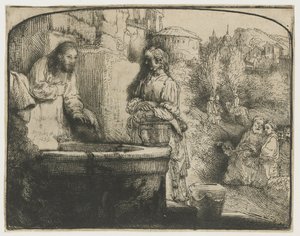 İsa ve Samiriyeli Kadın İsa ve Samiriyeli kadın: kemerli bir baskı by Rembrandt van Rijn
