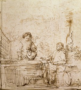İsa ve Samiriyeli Kadın (kağıt üzerine kalem ve kahverengi mürekkep) by Rembrandt van Rijn