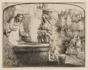 İsa ve Samiriyeli Kadın: Kemerli Bir Baskı by Rembrandt van Rijn