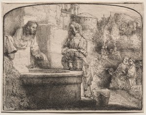 İsa ve Samiriyeli Kadın: Kemerli Bir Baskı by Rembrandt van Rijn