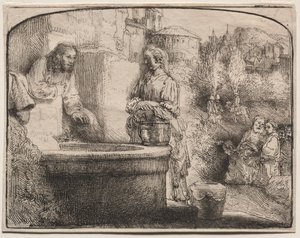 İsa ve Samiriyeli Kadın: Kemerli Baskı, 1657-58. by Rembrandt van Rijn