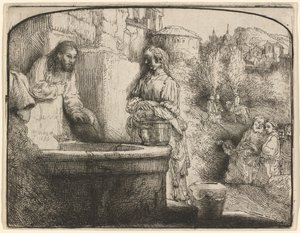 İsa ve Samiriyeli Kadın: Kemerli Baskı by Rembrandt van Rijn