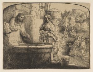 İsa ve Samiriyeli Kadın: Kemerli Baskı, 1658. by Rembrandt van Rijn