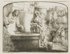 İsa ve Samiriyeli kadın: kemerli bir baskı by Rembrandt van Rijn
