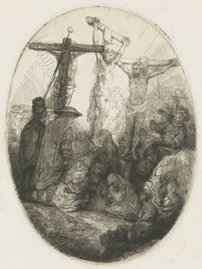 İki hırsız arasında çarmıha gerilmiş İsa: oval bir tabak by Rembrandt van Rijn