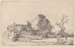 Bir Adam Çizimi ile Kulübeler ve Çiftlik Binaları by Rembrandt van Rijn