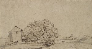 Uzak bir çiftlik evinin olduğu bir yolun yanında çiftlik binası, 1650-69 (kağıt üzerinde gri yıkama ile kalem ve kahverengi mürekkep) by Rembrandt van Rijn