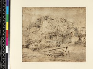 Ağaçların altında bir yaya köprüsü bulunan çiftlik evi, c.1650 (kağıt üzerinde yıkamalı kalem ve mürekkep) by Rembrandt van Rijn