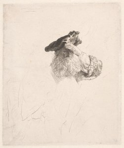 Yaşlı adam elini gözlerinin önünde gölgeliyor by Rembrandt van Rijn