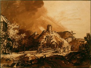 Fırtınalı bir gökyüzünün altında evler by Rembrandt van Rijn