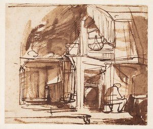 Sarma Merdivenli ve Oturan Adamlı İç Mekan by Rembrandt van Rijn