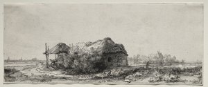 Bir Kulübe ve Saman Ahırı ile Manzara: Dikdörtgen by Rembrandt van Rijn