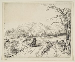 Bir çoban ve bir köpek ile manzara, ca. 1653. by Rembrandt van Rijn