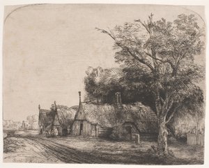Bir yolun yanında üç üçgen kulübe ile manzara by Rembrandt van Rijn
