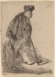 Paltolu ve Kürk Şapkalı Bir Bankaya Yaslanmış Adam by Rembrandt van Rijn
