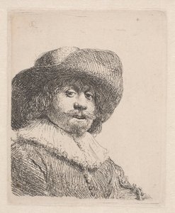 Geniş kenarlı şapkalı ve fırfırlı adam by Rembrandt van Rijn