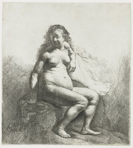 Bir höyük üzerinde çıplak kadın by Rembrandt van Rijn