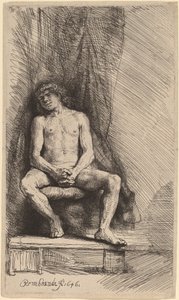 Perdenin Önünde Oturan Çıplak Adam by Rembrandt van Rijn