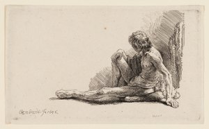 Çıplak Adam Yerde Oturmuş Tek Bacağını Uzatmış by Rembrandt van Rijn
