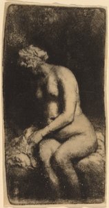 Çıplak Bir Bankta Bir Yastıkla Oturmuş (Bir Derede Ayaklarını Yıkanan Kadın) by Rembrandt van Rijn