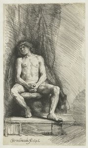 Bir Perdenin Önünde Oturan Çıplak Genç Adam Bir perdenin önünde oturan çıplak adam by Rembrandt van Rijn
