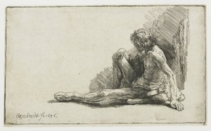 Çıplak adam yere oturmuş bir bacak uzatılmış by Rembrandt van Rijn