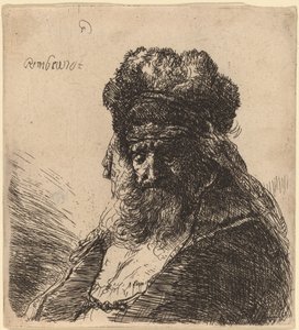 Yüksek Kürklü Şapkalı Yaşlı Sakallı Adam, Gözleri Kapalı by Rembrandt van Rijn