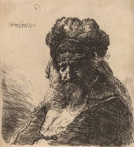 Yüksek Kürklü Şapkalı Yaşlı Sakallı Adam, Gözleri Kapalı, c. 1635. by Rembrandt van Rijn