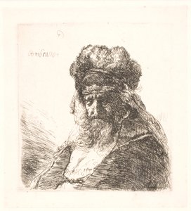 Gözleri kapalı, yüksek kürk şapkalı yaşlı sakallı adam by Rembrandt van Rijn