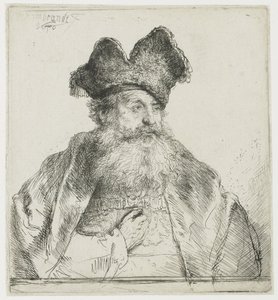 Bölünmüş kürk şapkalı yaşlı adam by Rembrandt van Rijn