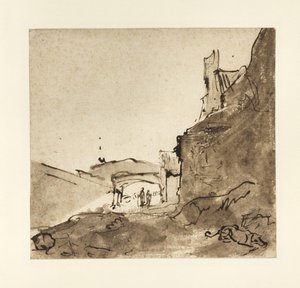 Duvarları ve kapısı olan bir kasabanın etekleri, c.1627-28 (Kağıt üzerinde yıkamalı Hint mürekkebi) by Rembrandt van Rijn