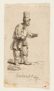 Yüksek Şapkalı Köylü, Bir Çubuğa Yaslanmış Ayakta by Rembrandt van Rijn