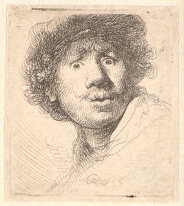 Şapkalı Rembrandt, ağzı açık ve bakıyor: ana hatlarıyla büstü by Rembrandt van Rijn