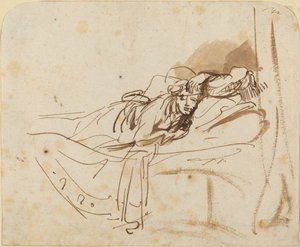Saskia(?) Yatakta Yatarken by Rembrandt van Rijn