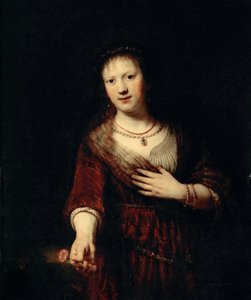 Kırmızı çiçekli Saskia, 1641. by Rembrandt van Rijn