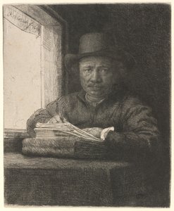 Bir Pencerede Kendi Kendine Portre Çizimi by Rembrandt van Rijn